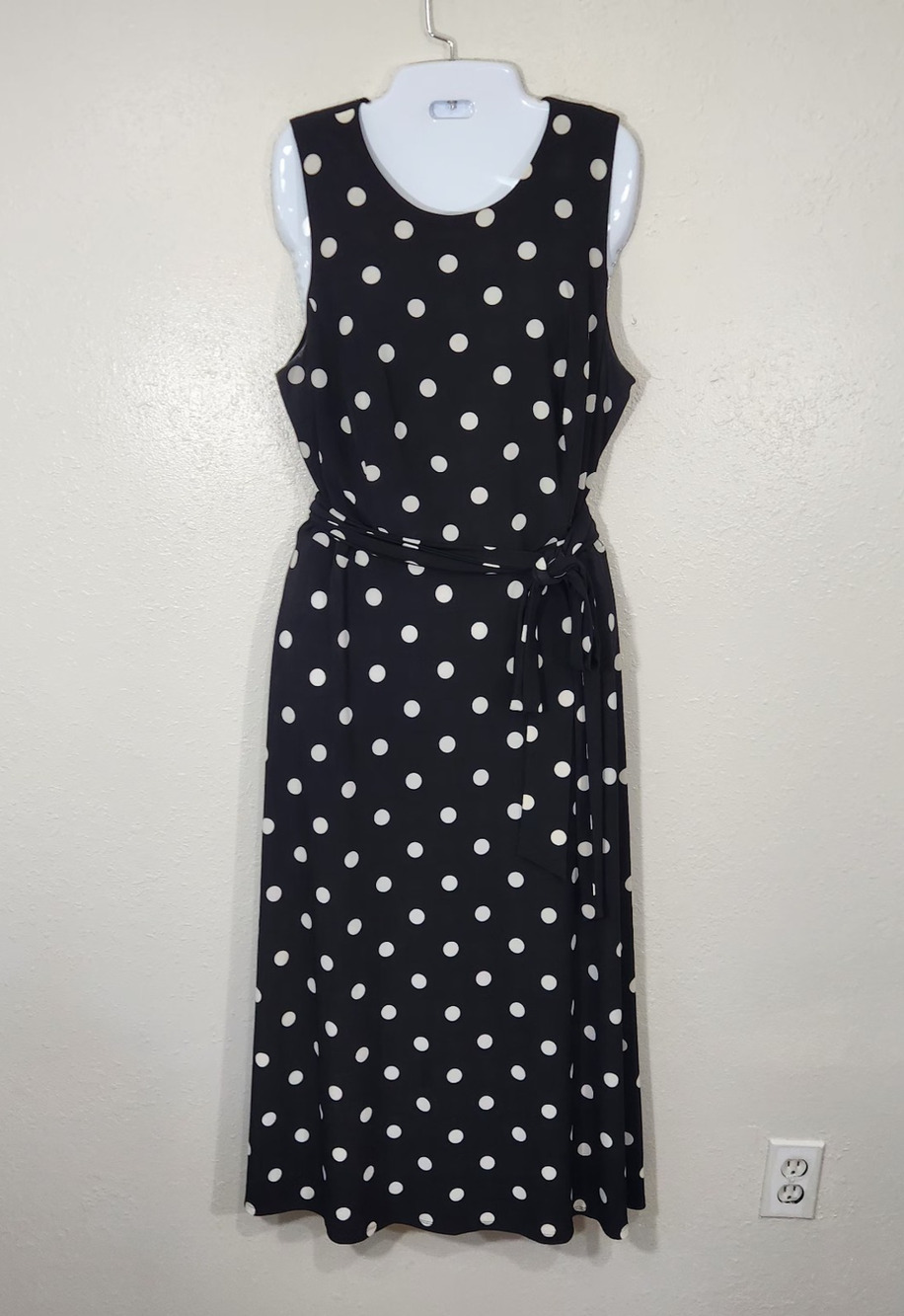 Ralph Lauren Polka Dot Midi Dress 14 Slinky Stretchy Classic Black White Belted